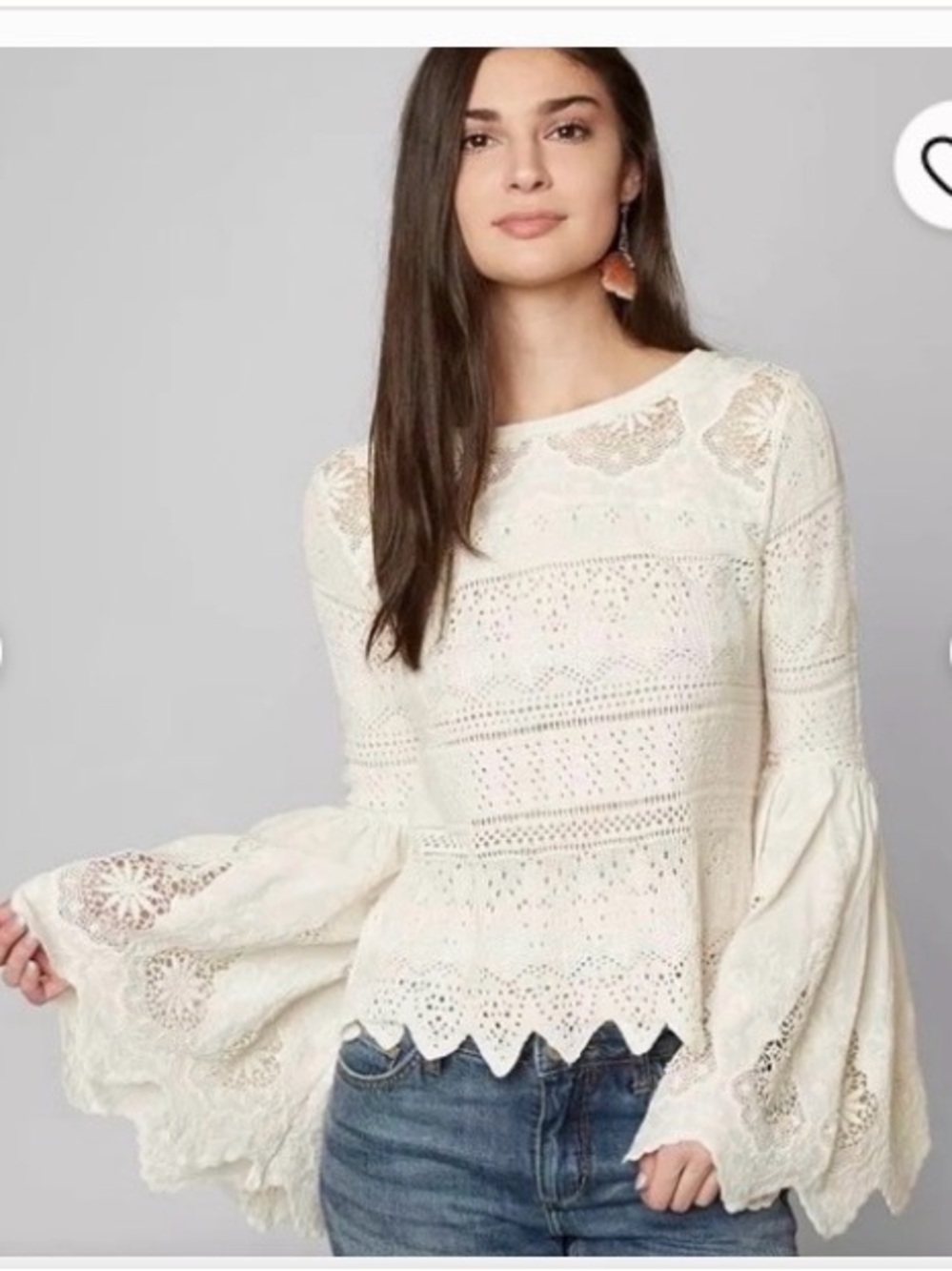 Free People once upon a time Ivory Crochet Bell-Sleeve Top large.